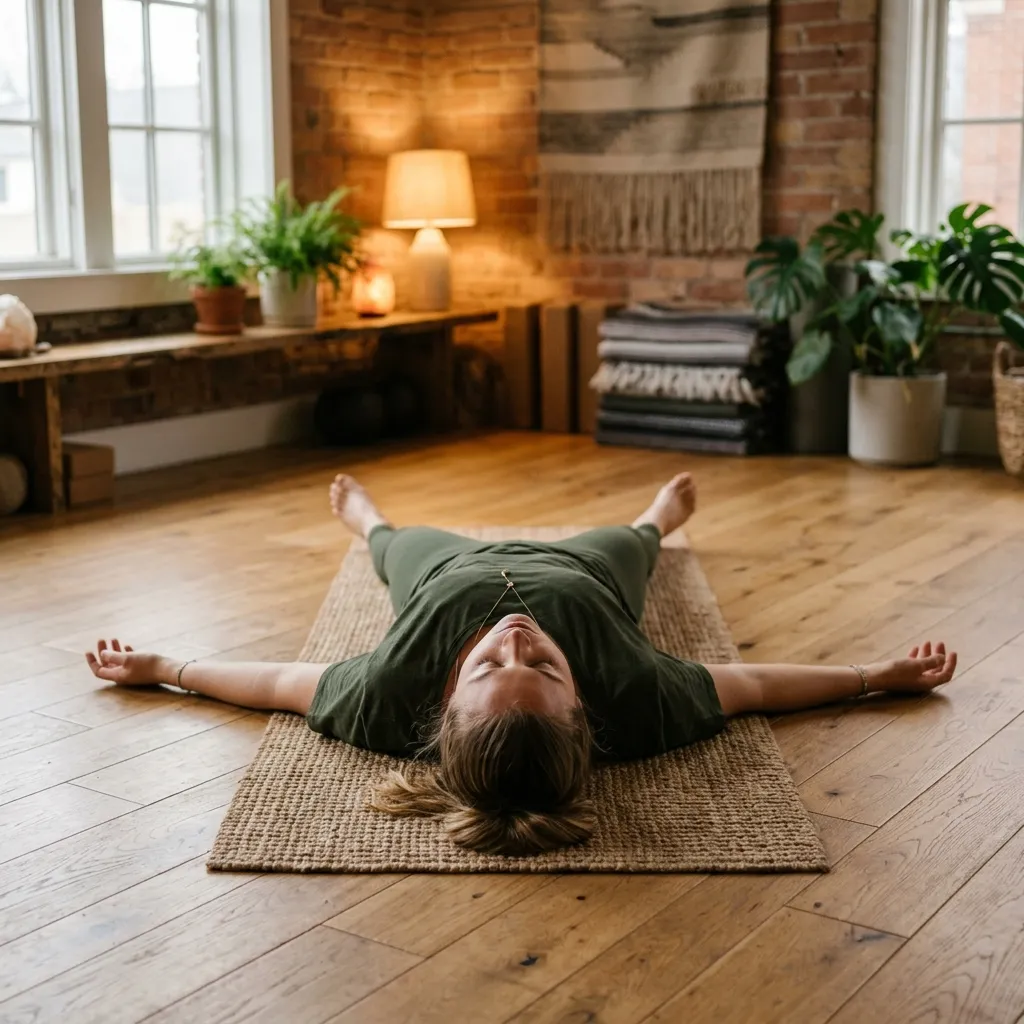Person lying on their back in a relaxed resting position with arms at their sides
