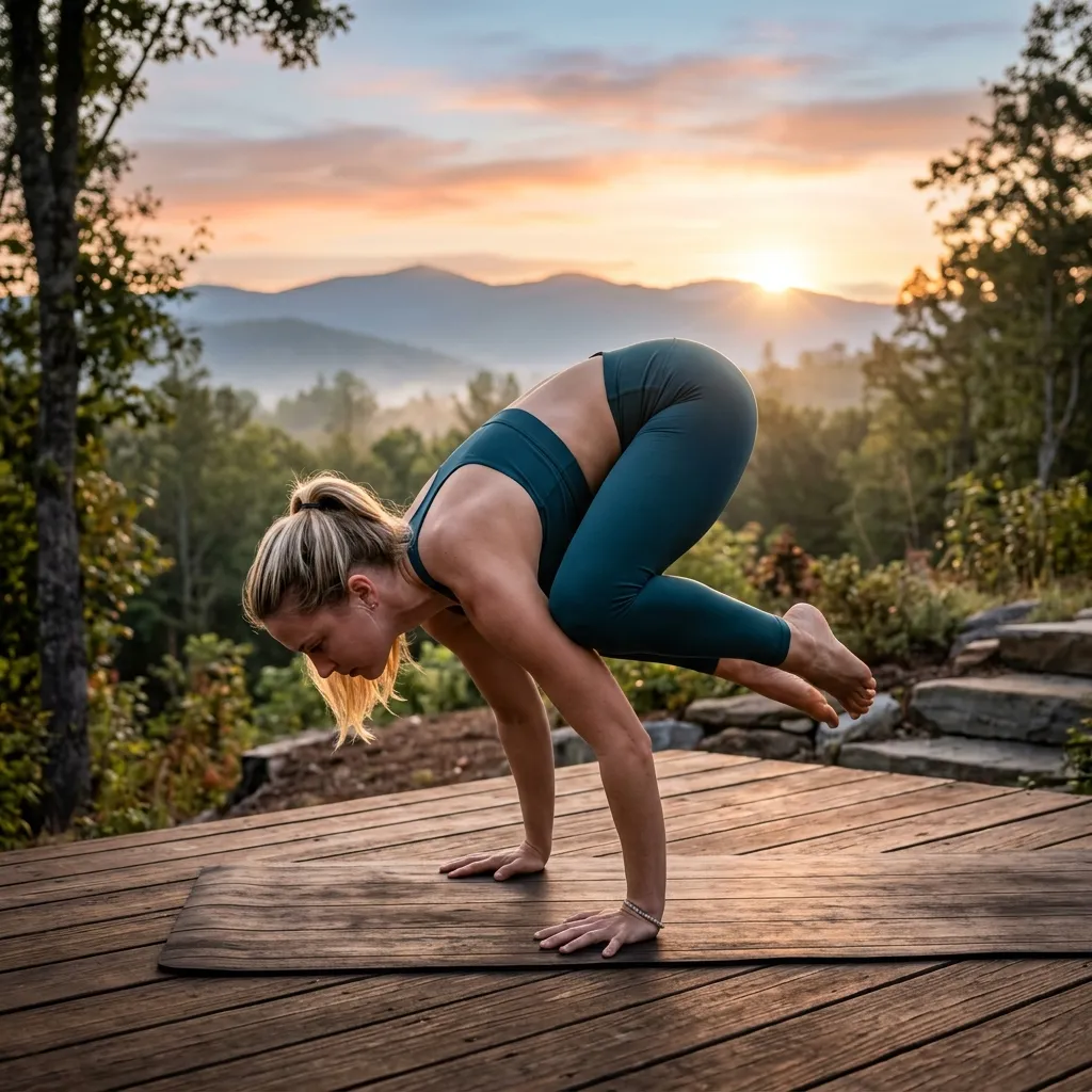 Practitioner working on crow pose with focused balance during an advanced private class