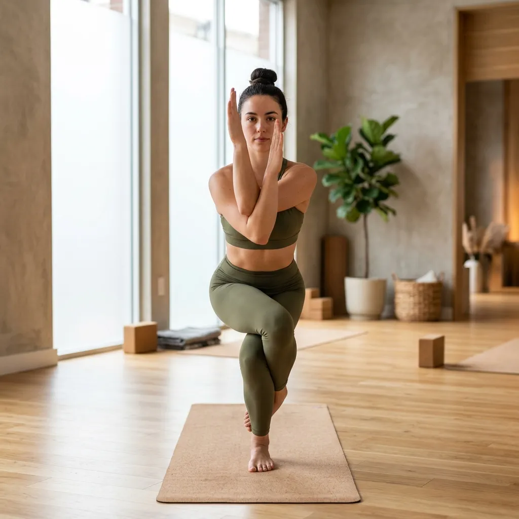 Student performing Eagle pose in a dynamic morning vinyasa class
