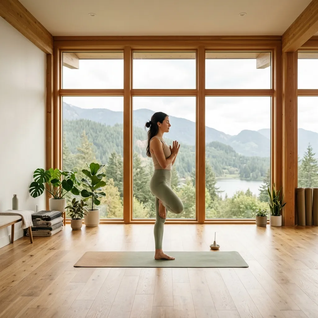 Person holding a steady standing yoga pose during a Hatha yoga class
