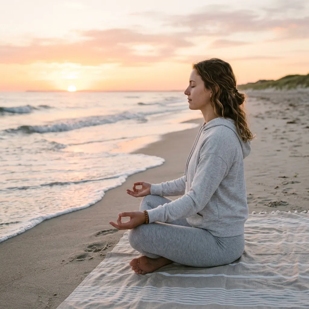 Beginner meditating peacefully on a beach at sunrise