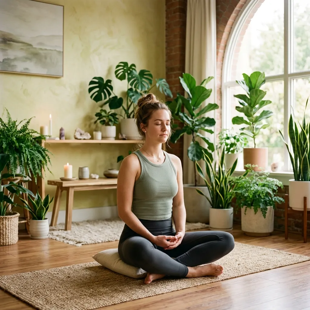 Peaceful evening meditation session in a softly lit studio space