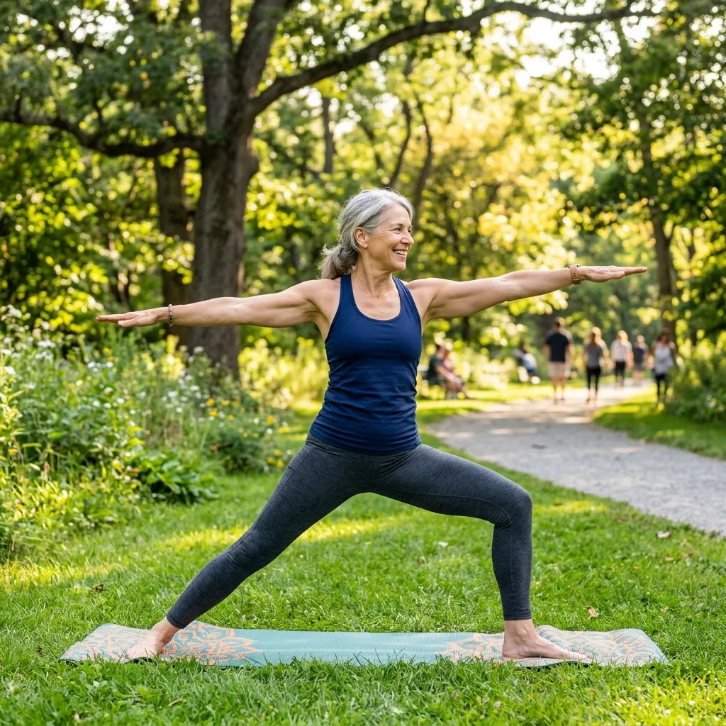 An older adult practising Tree Pose during a gentle yoga session