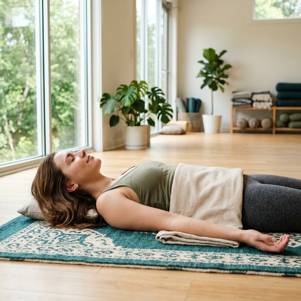 Person lying on their back, settling into a supported resting position at the start of yoga nidra