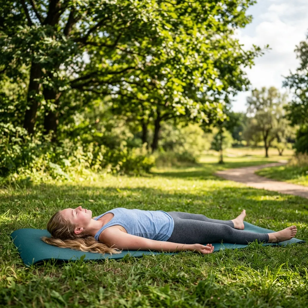 Person lying still on their back while a guided body scan moves attention through the body