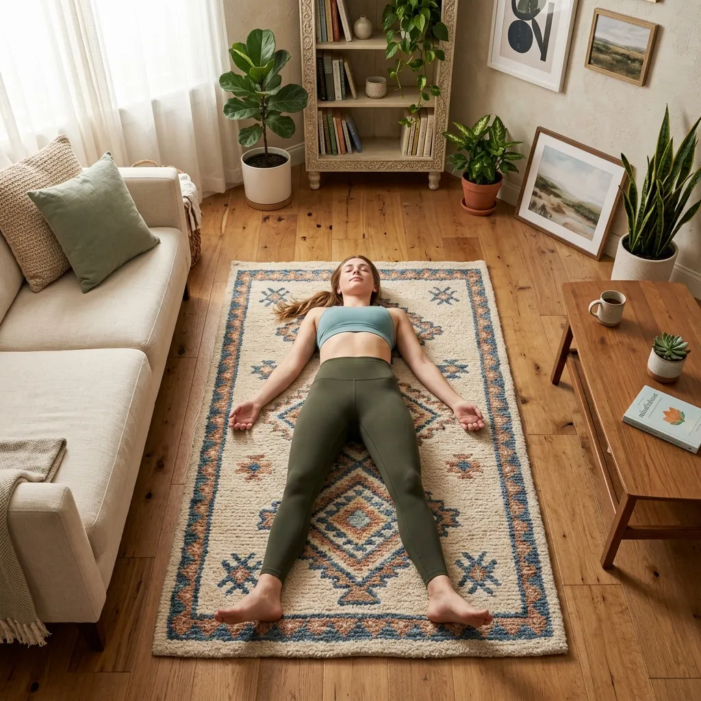Person resting on their back, following guided breath awareness and imagery