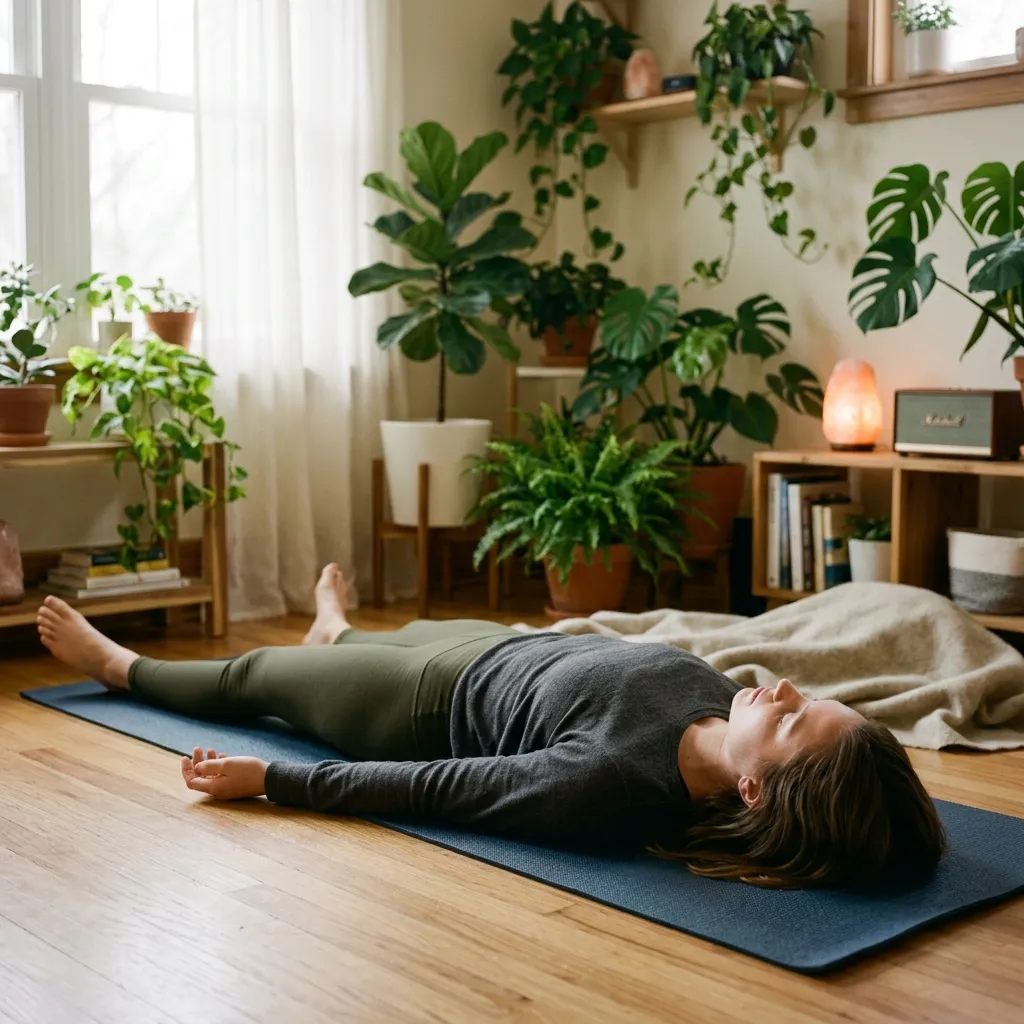 Person lying on their back, coming gently back to ordinary awareness at the end of yoga nidra