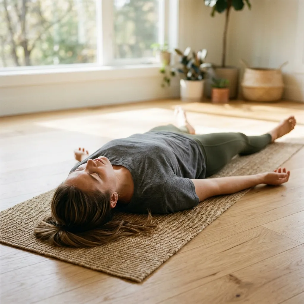 Person lying on their back in a fully supported yoga nidra position, resting quietly
